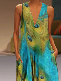 Bohemian V Neck Printed Colour Sleeveless Dress