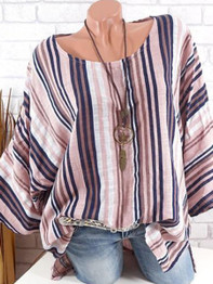 Round Neck  Loose Fitting  Stripes Blouses