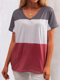 Red Striped V Neck Short Sleeve Shirts & Tops