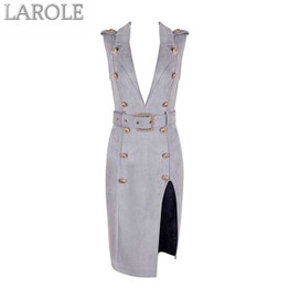 Bodycon Knee Length Dresses with Button Studded and Deep V Neck design