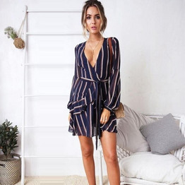 Sexy V Neck Lace Up Ruffles Striped Mini Dress