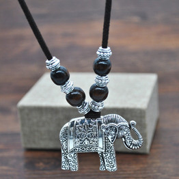 Handmade Vintage Tibetan Silver Thai Elephant Pendant & Wood Beads