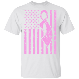 Breast Cancer Awareness T-Shirt Pink Ribbon On American Flag Cure For Breast Cancer Pride Gifts