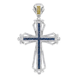 Men's Diamond Charm Pendant |  10kt White Gold Mens Round Blue Color Enhanced Diamond Cross Charm Pendant 1-1/5 Cttw |  Splendid Jewellery