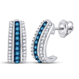 Earrings |  10kt White Gold Womens Round Blue Color Enhanced Diamond Half J Hoop Earrings 1/3 Cttw |  Splendid Jewellery