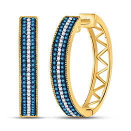 Earrings |  10kt Yellow Gold Womens Round Blue Color Enhanced Diamond Hoop Earrings 1/2 Cttw |  Splendid Jewellery