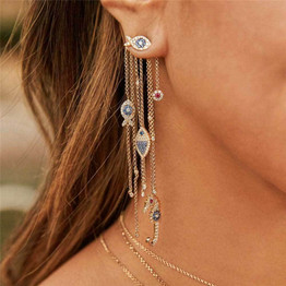 Personality Asymmetrical Lucky Fish Tassel Sterling Silver Dangle Earrings