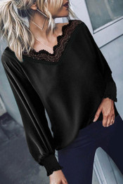 V Neck Lace Patchwork Black Blouse