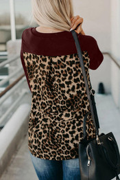Burgundy Leopard Patch Pocket Long Sleeve Top