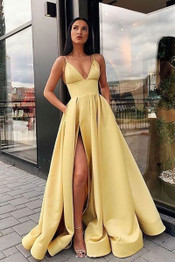 Yellow v neck satin long prom dress, yellow evening dress S62