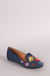 Denim Embroidered Floral Round Toe Loafer Flat