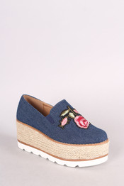Embroidered Floral Denim Espadrille Flatform Loafer