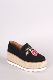 Embroidered Floral Suede Espadrille Flatform Loafer