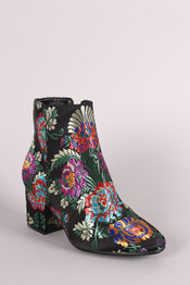Bamboo Floral Brocade Block Heeled Booties