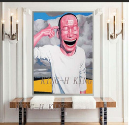 People hand painted big mouth, the more sensitive jun red bottom boy pop art painting on the canvas for hotel bedroom decoration