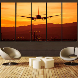 Landing Aircraft During Sunset Printed Canvas Prints (5 Pieces)