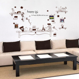 Cartoon Desk Photo Frame Kids Bedroom Wall Sticker Bear And Stars DIY Quote Happy Life Art Decal