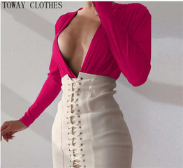 Lace-up Bodycon Dress Party Dress Plunge Contrast Color Bodycon Dress Slim Women Long Sleeve Sexy & Club Cocktail Party Vestido