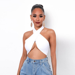 Cryptographic Sleeveless Backless Halter Cross Crop Tops Women Summer Chic Fashion Club Party Sexy Bandage Tie Top Cropped Solid