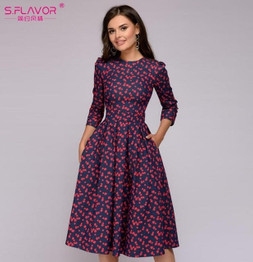 S.FLAVOR Women Elegant A-line Dress 2019 Vintage printing party vestidos Three Quarter Sleeve women Slim Autumn Winter Dress