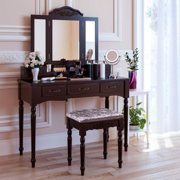 HOMECHO Vanity Table Set with 7 Drawers and 6 Makeup Organizers, Removable Tri-Folding Mirror and 8 Necklace Hooks with Cushioned Stool Dark Espresso, HMC-MD-010