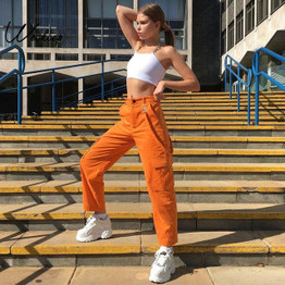 Weekeep Women Pockets Patchwork Cargo Pants High Waist Streetwear Ankle Length Trousers Women 2019 Straight Pants
