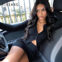 Yissang White Sexy Zip Knited Sweater Two Piece Set Women O Neck Long Sleeve Crop Top And Mini Skirts Set 2 Piece Set Outfits