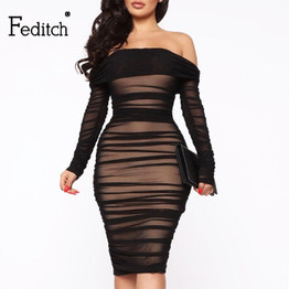 Feditch Summer Mesh Bodycon Dress Backless Double Layer Sexy Dresses Elegant Office Off The Shoulder Club Night Party Dresses
