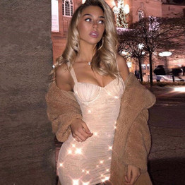 Feditch Spaghetti Strap Slim Sparkle Summer Dress Sexy Backless Pleated Party Dresses Mini Bodycon Dress Women Clothes Vestidos