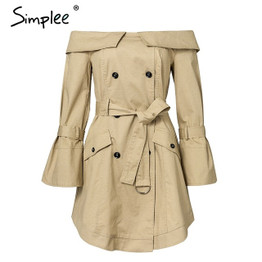 Simplee Sexy off shoulder trench dress women Elegant khaki outerwear dress Double breast sash casual autumn winter jacket female