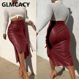 Women High Waist Bodycon Belt PU Skirts Slit Sexy & Club Streetwear Pencil  Leather Skirt