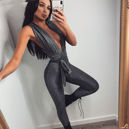 Glamorous Off-Shoulder Sparkle Jumpsuit for Women - Lace-Up Bodycon Bandage Romper with Glitter Backless Design for Parties and Clubs
