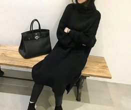 Oversize Autumn Winter Knitted Dress Women Turtleneck Long Sleeve Warm Sweater Dress Casual Solid Loose Dress Robe Femme Vestido