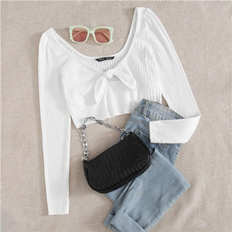 SHEIN White Tie Front Rib-knit Peekaboo Crop Top Women Tees 2020 Autumn Long Sleeve V Neck Solid Slim Fitted Casual T-shirts