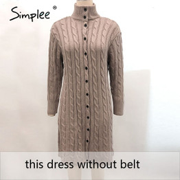 Simplee Casual stand collar women knitted dress Autumn winter long sleeve button dress High street style female sweater dress