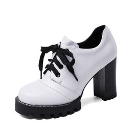 BESCONE Leisure Women's Pumps Heels Fashion High Quality Leather Platform Lace-Up Round Toe Pumps Comfortable Ladies Shoes BO535