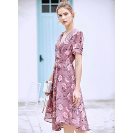 Amii Spring Women Elegant Floarl Print Dress Fashion V-neck Short Sleeve  A-line Knee-Length Dresses Female Vestidos 11930286
