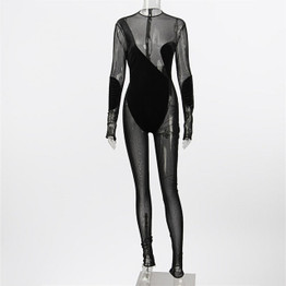 JillPeri Sexy Black Mesh Velour Long Sleeve See-Through Romper - Trendy Fall Clubwear Jumpsuit for Women