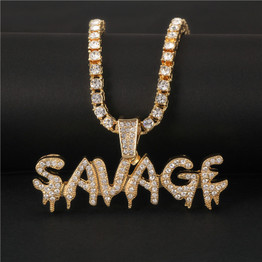 Bling Bling Savage Letter Necklace & Pendant Shiny Ice Out Link Chain Necklace With Tennis Chain Choker Hip Hop Jewelry for Men