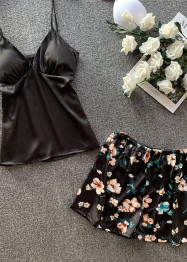 Floral Printing Lingerie Sleepwear Satin Lace Trim Pajamas Set/Free Shipping