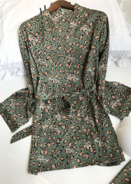 Leopard  Printed Silk  Lingerie Sleepwear 3 Pieces Set/Free Shipping