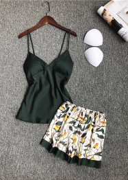 Tropical Leaves Printed V-Neck Silk Camisole  Lingerie Sleepwear Set/Free Shipping