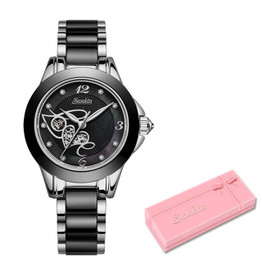 Rhinestone Rose Gold Black Ceramic Waterproof Watch For Women