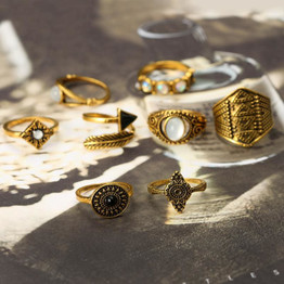 (CLEARANCE) Golden/Silver Leaf Stone Vintage Crystal Rings (Set of 10 Rings)