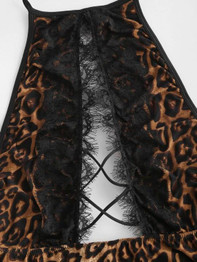 Halter Lace Trim Leopard Crisscross Cutout Teddy