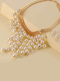 Faux Pearl Tassel Charm Necklace