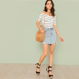 Black and White Striped Off Shoulder Women T-shirt