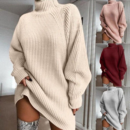 Turtleneck Long Sleeve Sweater Dress Women Autumn Winter Loose Tunic