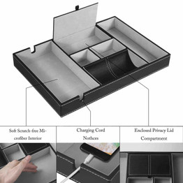 Flsh Valet Tray, Nightstand Desktop Organizer, PU Leather Catchall Dresser Tray with Charging Station for Ring Wallet Watch Coin, Black