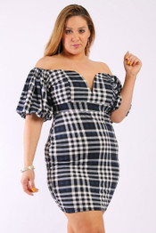 Plus Size Plaid Puff Sleeve Bodycon Dress